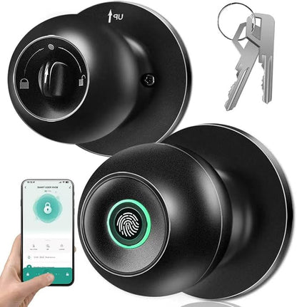 Smart Door Knob with Lock, Keyless Entry Fingerprint Door Lock, Black | Smart Lock with Auto-Lock , App, Key, Fingerprint Door Locks for Front Door, Garage, Apartment, Hotel, Interior, Exterior