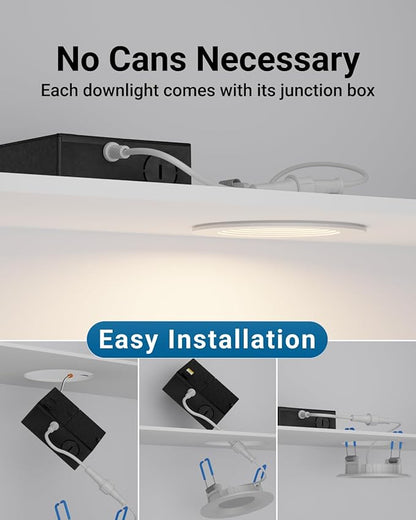 Sunco 24 Pack 3 Inch Recessed Lighting LED, Canless Ultra Thin Flush Mount Ceiling Fixture Light with Junction Box, 550 Lumens, Selectable CCT 2700K/3000K/4000K/5000K/6000K, Dimmable, 6W=50W UL/ETL