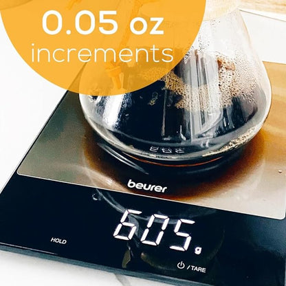 Beurer KS34 Digital Kitchen Scale - Precise Scale for Food Ounces and Grams, 33lbs Capacity, XL Weighing Platform for Meal Prep, Magic Display, Tare Function - Batteries Included - Black Glass