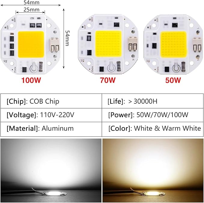 3pcs 50W 70W 100W COB LED Chip 220V 110V Smart IC No Need Driver DIY Flood Light Spotlight High Power 54mm LED Matrix COB Chip F5454(70W,220V_Warm White)