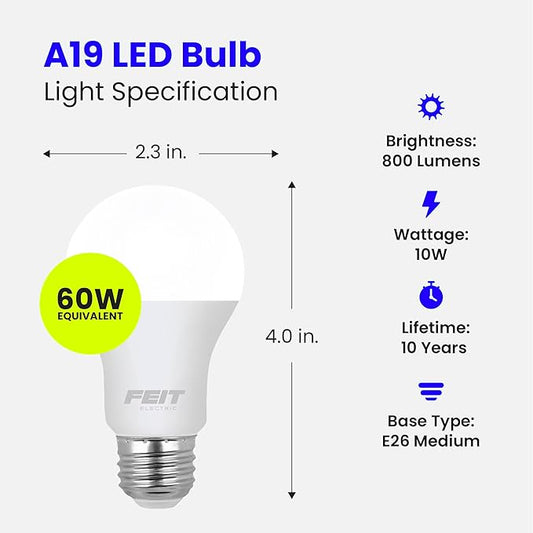 Feit Electric A19 LED Light Bulb, 60W Equivalent, E26 Medium Base, 800 Lumen, 3500K Neutral White Light, Indoor/Outdoor General-Purpose Light Bulbs, 11,000-Hour Lifetime, A800/835/10KLED/10, 10 Pack