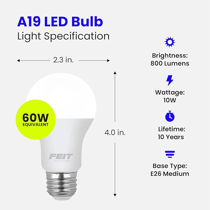 Feit Electric A19 LED Light Bulbs, 60W Equivalent, Non-Dimmable, 800 Lumens, E26 Standard Base, 2700K Soft White, 80 CRI, 10 Year Lifetime, Energy Efficient, 24 Pack, A800830/10KLED/MP/24