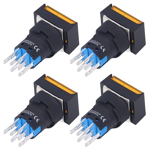 25Pcs Micro Squares Push Button Switch 16mm 12V Self Locking with Light ABS Brass for Automation Equipment DIY Electrical Installation (Yellow)