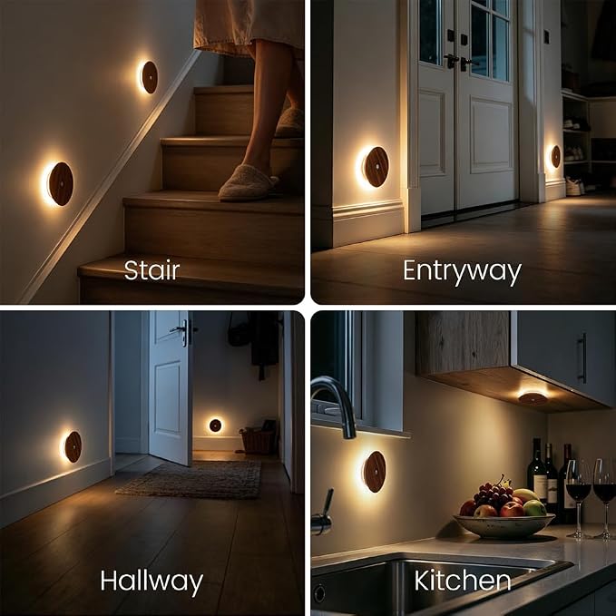Motion Sensor Night Light 2 Packs, Wood Rechargeable Stair Lights