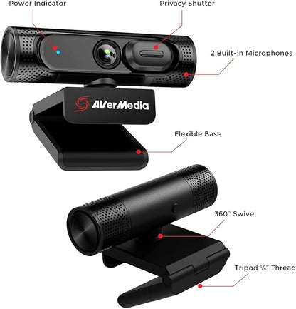 AVerMedia PW315 TAA/NDAA Compliant 1080p 60fps Webcam – Wide-Angle USB Camera with Dual Mics & AI Auto Framing, Fixed Focus HD Webcam for PC/Mac, Zoom, Teams, Google Meet, Streaming, Content Creation