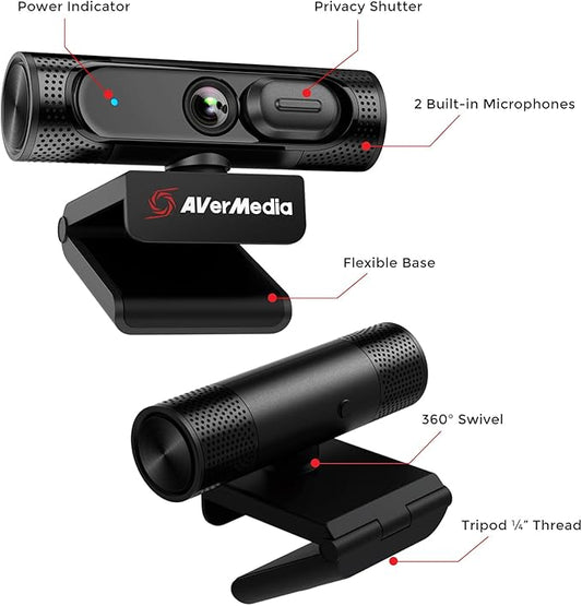 AVerMedia PW315 TAA/NDAA Compliant 1080p 60fps Webcam – Wide-Angle USB Camera with Dual Mics & AI Auto Framing, Fixed Focus HD Webcam for PC/Mac, Zoom, Teams, Google Meet, Streaming, Content Creation