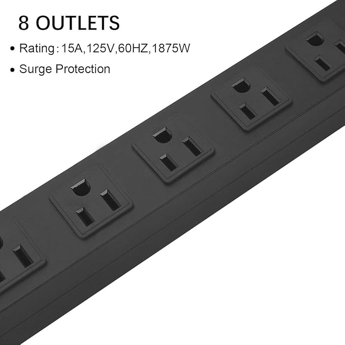4Pack Metal 8 Outlet Mountable Power Strip, Wall Mount Outlet Heavy Duty, Wide Spaced Commercial Shop Power Strip with Switch, 15 FT Power Cord.