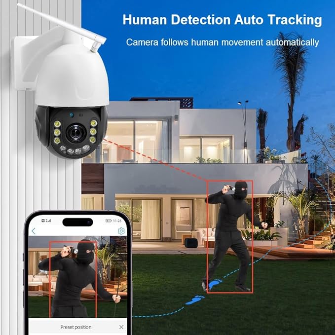 5MP 30X Optical Zoom Security PTZ Camera, WiFi 2.4GHz 5GHz Speed Dome Wireless IP Camera, Motion Detection Auto Tracking Outdoor Color Night Vision Infrared 390ft