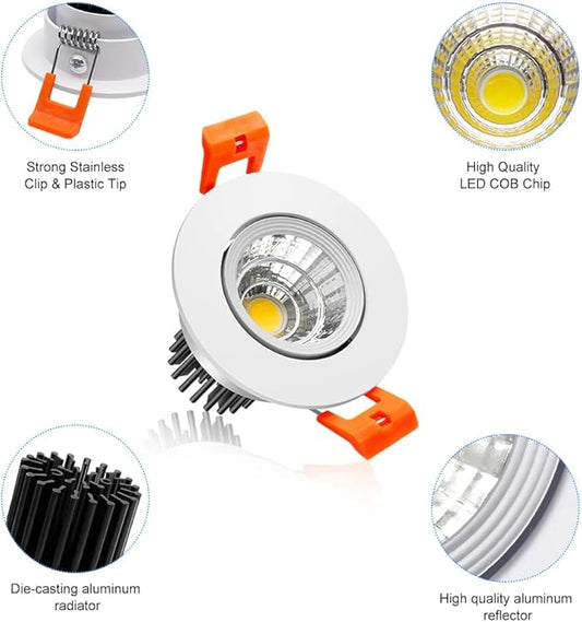 2Inch LED Recessed Ceiling Light, 3W Dimmable LED Downlight, Natural White 4000K, 60 Beam Angle COB Recessed Lights with Driver, 25W Halogen Bulbs Equivalent for Ceiling Lighting, White 10 Pack