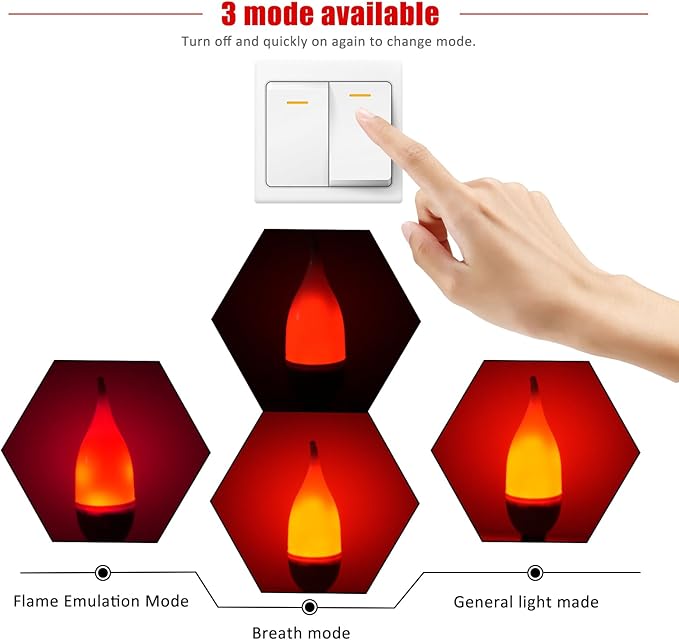 Bestview LED Flame Effect Light Bulbs,3 Modes Flickering Light Bulbs, Smart E12 Chandelier Base Candle Fire Light Bulb for Halloween, Christmas, Porch Indoor&Outdoor Home Decoration -6 Pack(Red)