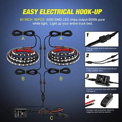 Nilight - TL-31 2PCS 60Inch RGB Truck Bed Light Strip Kit 180 LED RF Remote Control with On Off Switch Blade Fuse 2Way Splitter Extension Cable for Cargo Pickup Truck SUV RV Boat, 2 Years Warranty