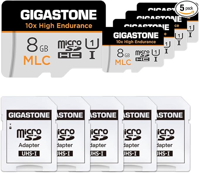 [10x High Endurance] GIGASTONE Industrial 8GB MLC Micro SD Card 5-Pack, Full HD Video Recording, Security Cam, Dash Cam, Surveillance Compatible 85MB/s, U1, with Adapter [5-Yrs Free Data Recovery]