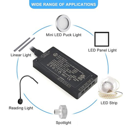 VST LED Power Supply, 100V-240V AC to 12V 22W DC, Low Voltage Transformer with 12V JST Ports, Control Unit for Strip and Under Cabinet Lights, ETL Listed, Black