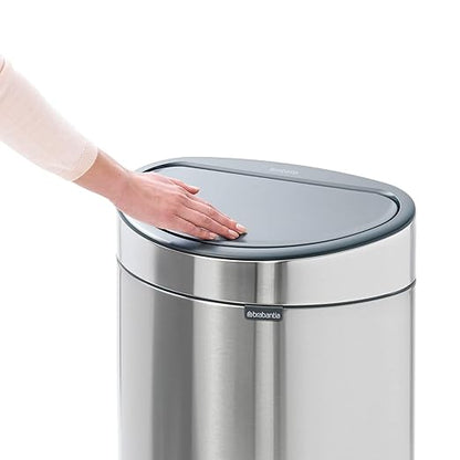 Brabantia Press-Top Kitchen Trash Can with Flat Back | Platinum | 10.6 Gallon / 40L | Home Trash Can with Soft-Touch Stay-Open Lid & Removable Inner Bucket | Fits Flat Against Walls | + Trash Bags