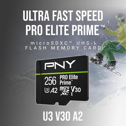 PNY 256GB PRO Elite Prime™ C10 U3 V30 A2 microSDXC Flash Memory Card – Ultra-Fast Speeds, Read 200MB/s, Write 150MB/s, 4K UHD, Full HD, UHS-I, for Smartphones, Drones, Action Cameras