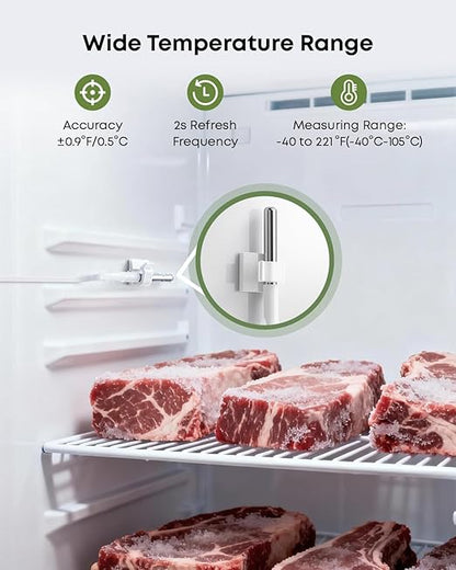 MOCREO WiFi Refrigerator Thermometer with Freezer Alarm, App Email Buzzer Alerts, Power Outage Alert, Pass-Through Outlet Hub, 2 Sensors, Ultra-Flat Probe, Remote Temperature Monitor for Home Kitchen