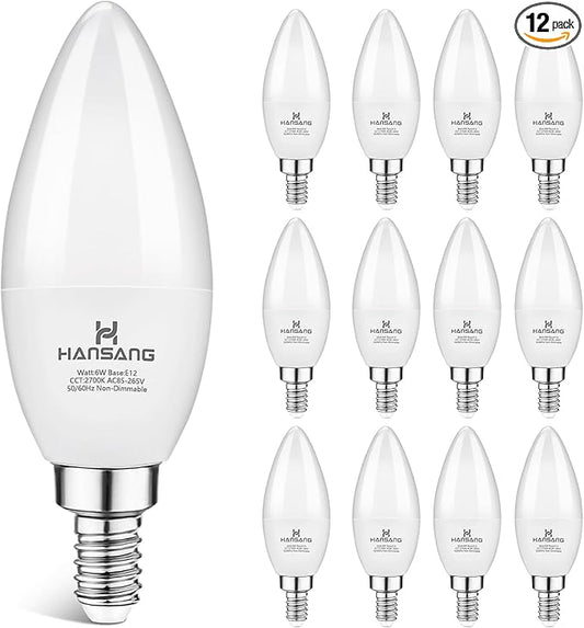 12 Pack E12 LED Candelabra Light Bulbs 60W Equivalent, 2700K Warm White, Chandelier Bulb Small Base, 600 Lumens CRI85+ 120V Type B Candle Light, 6W B11 for Ceiling Fan, Non-Dimmable
