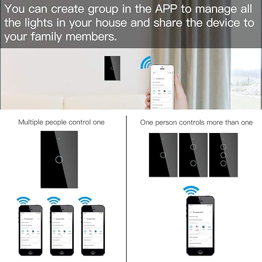 MOES Touch Wall Single Live Wire Smart Switch，No Neutral Wire Needed, 2.4GHz WiFi RF433 Light Switch Works with Smart Life/Tuya App, Alexa and Google Home, Single Pole 110V, Black 1 Gang