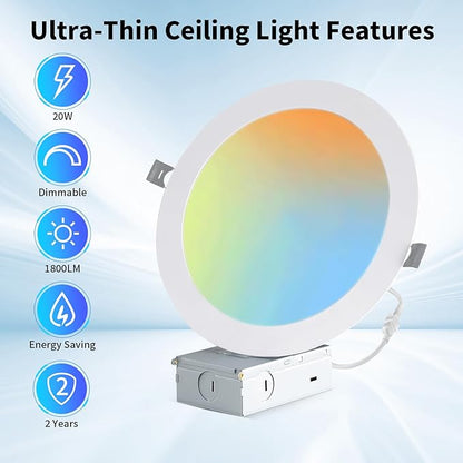 LZHOME 24 Packs 8 Inch Recessed LED Light: Ultra Thin LED Recessed Lighting with Junction Box, 3000K/4500K/6000K Selectable,Ceiling Light, High Brightness 1800LM Dimmable Canless LED Downlight