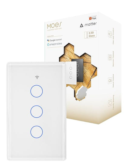 MOES Matter Smart Light Switch, 2.5D Glass Touch, Alexa & Google, 3 Gang | Premium 2.5D Glass Panel, Matter WiFi, Apple Home, Alexa Google SmartThings, Touch Control, Timer Schedule, Neutral Wire 10A