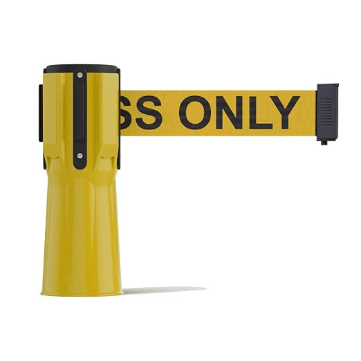 Trafford Industrial Retractable Belt Barrier, 11 Ft, Yellow Case & Belt | Cone-mounted Design, "AUTHORIZED ACCESS ONLY" Black Lettering, 2 in Herringbone Webbing, 4-way Receiver and Controlled Return