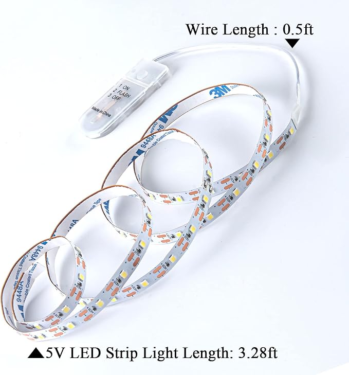 Short Led Strip Lights Battery Powered with Flashing, 3.28ft/1PCS Flexible LED Fairy Lights Battery Operated Bright for Shadow Box DIY Gift Car Bar Party Christmas, 2 Pack (Daylight White)