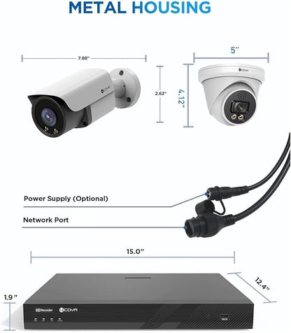 4COVR 16 Channel PoE Security Camera System, 2-Way Audio Talk, Person Vehicle Detection & Smart Color Night Vision, 4K HD 4TB NVR for Businesses, 4 Dome 4 Bullet 5MP Wired IP Camera IP67, LYH37Y5M1608