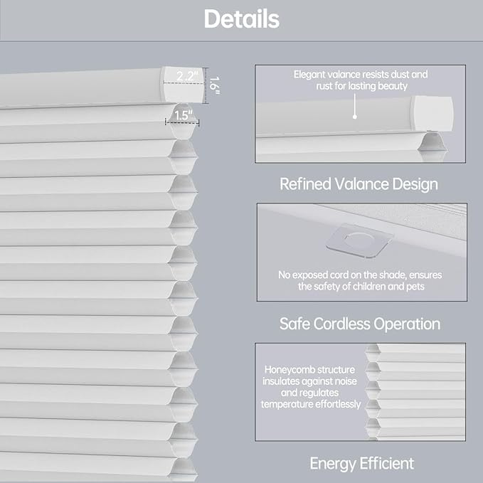 Cellular Shades Light Filtering Honeycomb Blinds for Indoor Windows, Cordless Cellular Shades 1.5 inch Cell Pleated for Bedroom Home Office, Custom Size, Half Shading White