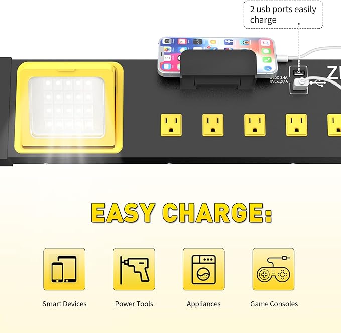 ZESEN 10 Outlet Power Strip with LED Worklight, Heavy Duty Metal Power Strip Surge Protector 4ft Cord with 2-Port USB Charge, ETL Listed for Workshop Garage Office Home