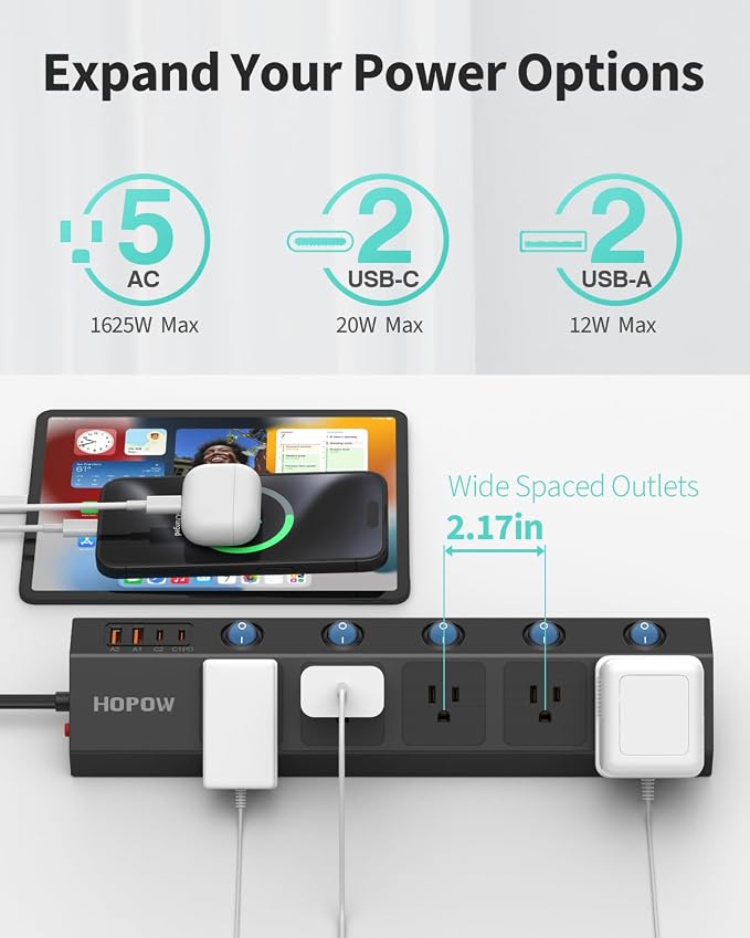 10FT Power Strip with Individual Switches, 5AC&2A2C, Flat Extension Cord