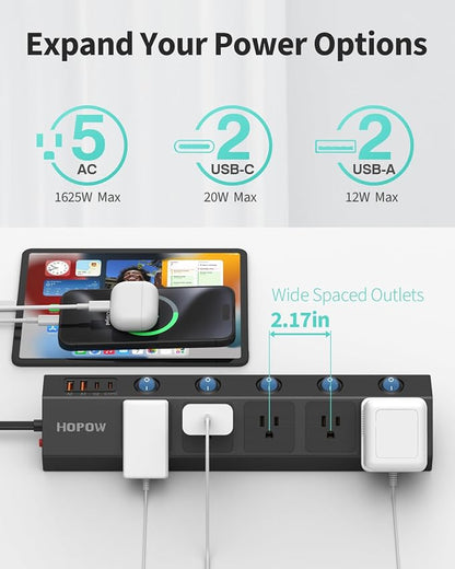10FT Power Strip with Individual Switches, 5AC&2A2C, Flat Extension Cord