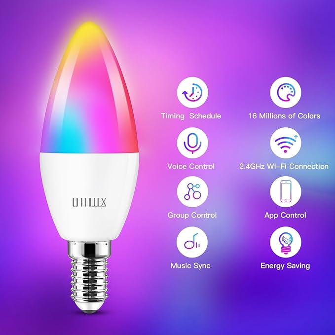 OHLUX Smart Candelabra Led Light Bulbs, E12 Base Led Bulb 5W 40 Watt Equivalent WiFi Candle Small Bulbs Compatible with Alexa/Google Assistant, Color Change Alexa Light Bulbs 2.4GHz WiFi Only,1 Pack