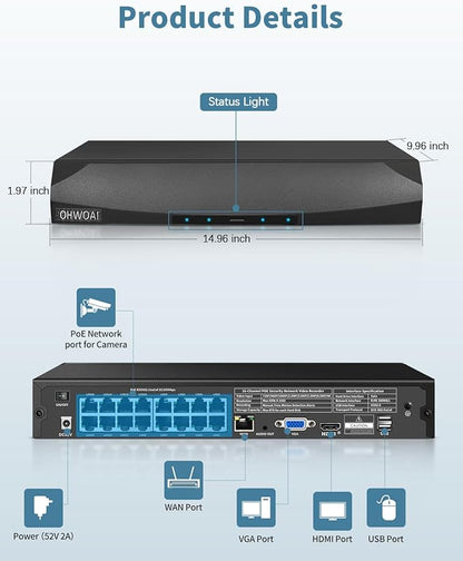 4K / 8.0 Megapixel PoE Network Video Recorder for Security Camera System, Supports up to 16 x 8MP/4K IP Cameras PoE NVR,Outdoor Surveillance Video System
