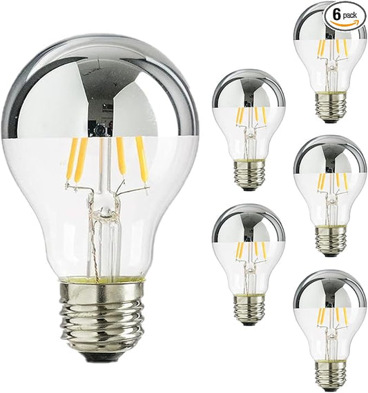 Diodesy- Half Chrome Dimmable LED Light Bulb A19 Round Shape 6W (40W Equivalent) E26 Base 2200K Amber Light 540LM Silver Bowl Edison Chrome Tipped Reflected Glass for Bathroom Vanity Mirror Pack of 6