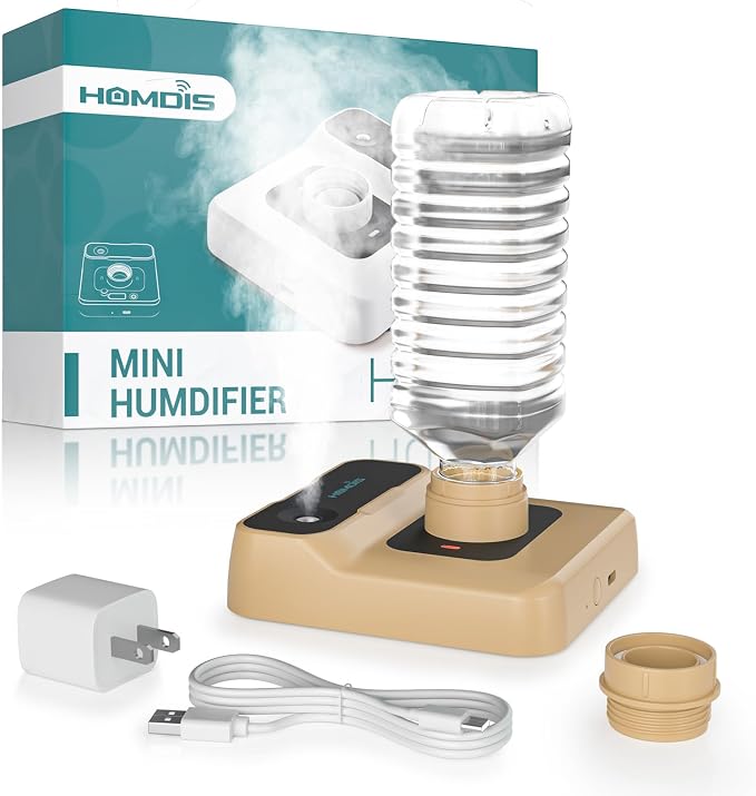 Travel Humidifier, Portable Small Humidifier for Plants, Bedroom, Office, Hotel or Car, Battery Operated Mini Cool Mist Humidifiers, Quiet 23dB, Auto-off, Night Light & BPA-Free, Khaki