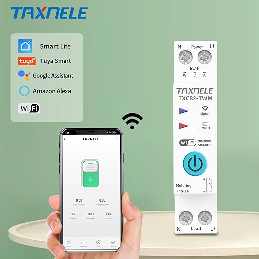 WiFi Smart Circuit Breaker 25A Power Metering Energy Meter KWh 1P 230V 63A Voltmeter Ammeter DIN Rail Smart Life Wireless Remote Control Switch Timer Voice Control