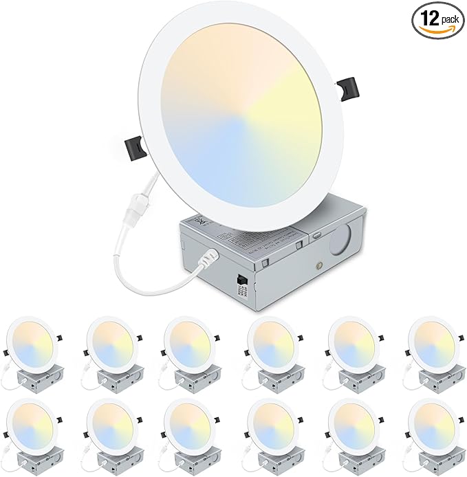 LZHOME 12 Pack 8 Inch LED Recessed Lighting with Junction Box Ultra-Thin, 3000K/4500K/6000K Selectable, 8" Dimmable Canless LED Downlight, 1800LM CRI80 High Brightness 5%-100% Recessed Light
