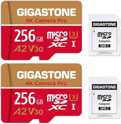 【5-Years Data Recovery】 GIGASTONE 256GB Memory Card 2 Pack 4K Pro Camera Compatible with GoPro Switch, Speed 100MB/s. A2 U3 V30 Micro SDXC Card with SD Adapter.