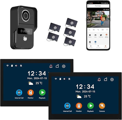 2pin-Wired 2MP HD Indoor 10" WiFi Monitor Smart Home Video Doorbell Intercom System, Remote APP Phone Unlock Video Record Motion Detect 2-Way Talk IR Camera Door Bell 1x doorbell + 2X 10in Monitor