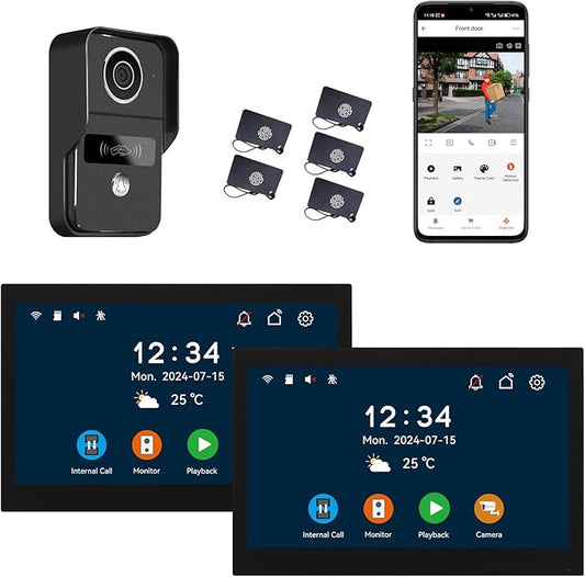 2pin-Wired 2MP HD Indoor 10" WiFi Monitor Smart Home Video Doorbell Intercom System, Remote APP Phone Unlock Video Record Motion Detect 2-Way Talk IR Camera Door Bell 1x doorbell + 2X 10in Monitor