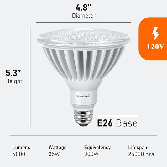 Maelsrlg PAR38 LED Flood Light Bulbs, 300W Equivalent, Indoor Outdoor Flood Light Bulb, Daylight 5000K, Waterproof, 35W 4000LM, Non-Dimmable, 2-Pack