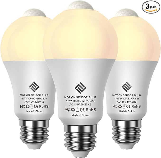 7117 Motion Sensor Light Bulbs, 13W (100Watt Equivalent), Motion Activated Dusk to Dawn Security LED Bulb, A19 E26 3000K Warm White, for Indoor and Outdoor Lighting, Porch, Stairs, Hallway 3Pack