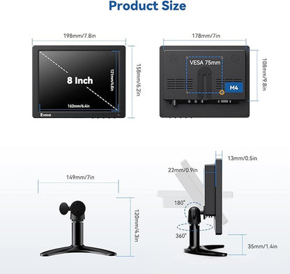 Eyoyo 8 Inch Small Monitor, 1024x768 4:3 IPS Mini Security Camera Monitor Screen Support HDMI VGA AV BNC Input with Remote Control, Video Monitors for Retro Computer PC NVR CCTV Raspbery Pi