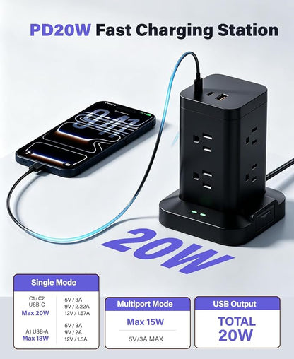 Power Strip Surge Protector, Fast Charging PD20W USB-C Tower, Black, 10FT | 8 AC Outlets with 2 PD20W USB-C & 1 USB-A Tatal 11 Outlets; Extension Cord for Multiple Devices; for Home Office Dorm Room