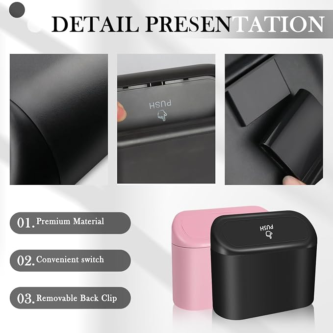 Portable Car Trash Cans with 2 Rolls Garbage Bag,Push-on Car Trash Bin with Lid & Hook for in-Vehicle Waste Disposal,Multipurpose Seat Organizer & Storage for Most Vehicles (Black)