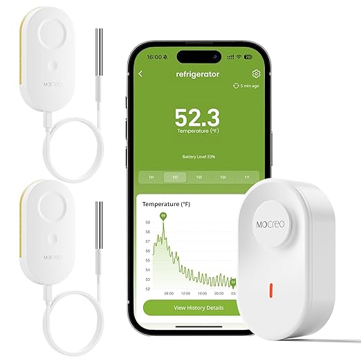 MOCREO WiFi Thermometer Freezer Alarm, Email Alert, App Notification, Data Record Export, No Subscription Fee, 2 Remote Wireless Temperature Sensors for Refrigerator, Freezer, Hot Tub