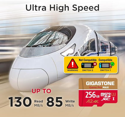 【For Switch 1 Only】GIGASTONE 256GB Micro SD Card, 4K Game Pro MAX, A2 V30 Memory Card for Gaming Console, 4K UHD Video, Up to 130/85 MB/s, UHS-I U3 C10 with Adapter【5-Years Data Recovery】