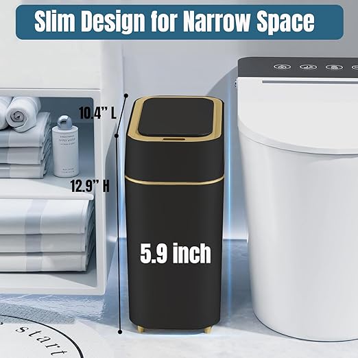 LALASTAR 2-Pack Bathroom Trash Can with Lid, Slim Motion Sensor Trash Can, Small Automatic Garbage Can Touchless, Waterproof Trash Bin for Bedroom, Office, Living Room, 2.3 Gal, Black with Gold Trim