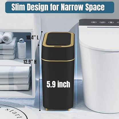 LALASTAR 2-Pack Bathroom Trash Can with Lid, Slim Motion Sensor Trash Can, Small Automatic Garbage Can Touchless, Waterproof Trash Bin for Bedroom, Office, Living Room, 2.3 Gal, Black with Gold Trim