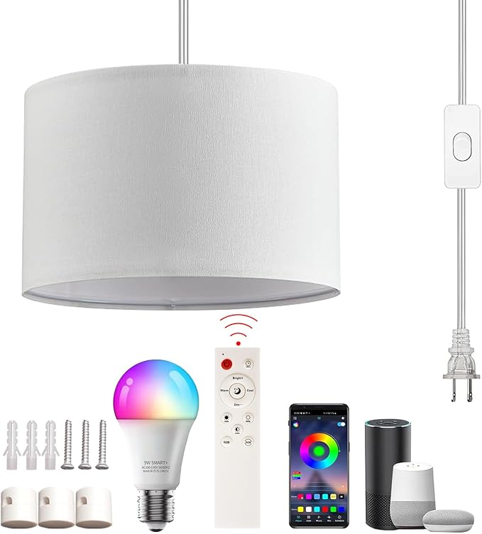 Plug in Pendant Light, Hanging Lamp with RGB Smart Bulb, Hanging Lights with Plug in Cord Hanging Lights for Bedroom Kitchen Living Room Dining Room Pendant Light Fixture